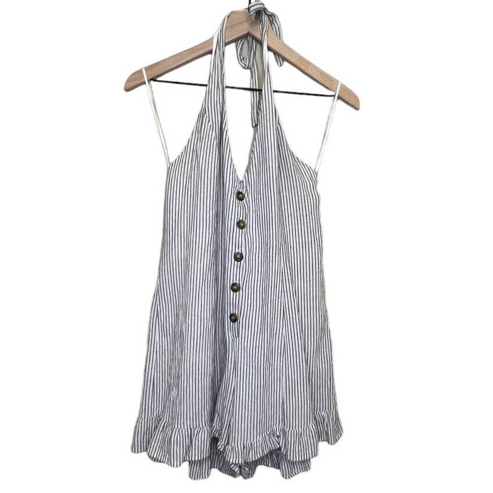 Hem Thread Womens Romper Ruffle Backless Smoked Halter Gray White Stripe Size M